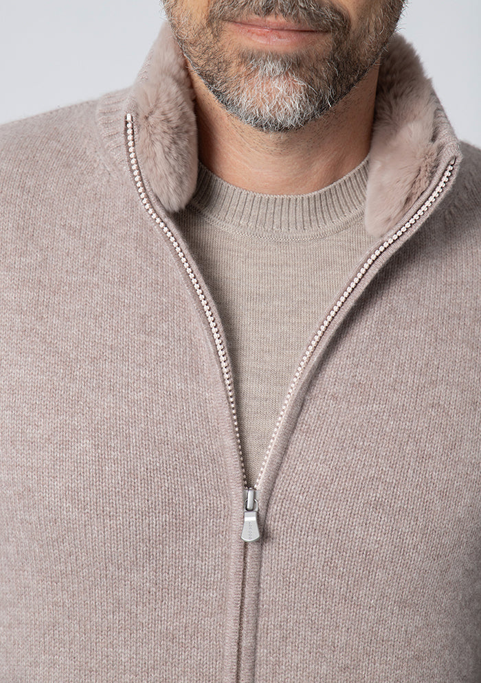 Monte Bianco Cashmere Zip Cardigan With Rex Fur Collar