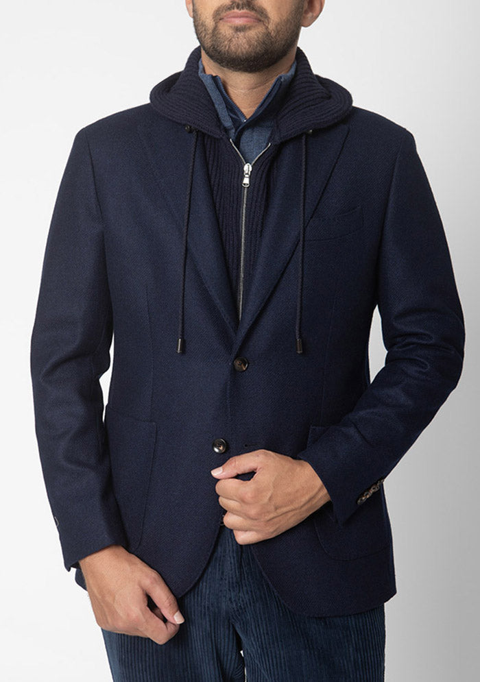 Men's Sestriere Wool Hooded Blazer in navy, removable inner vest with integrated hood, Addison Geneva #color_blu