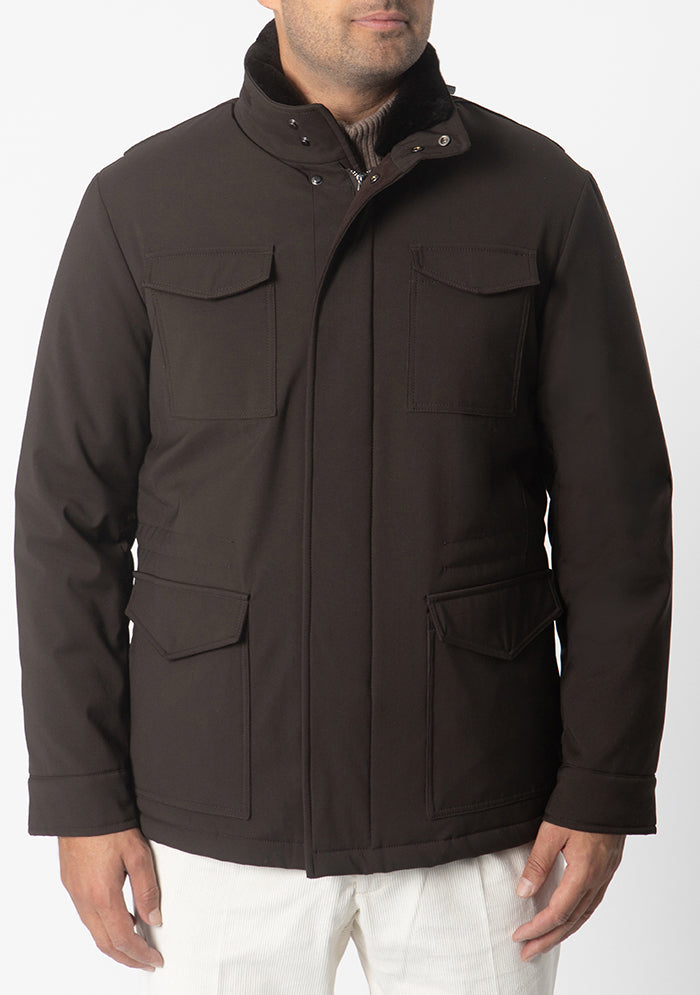 Men's Silvano stretch wool field jacket with beaver fur collar in moro, Addison Geneva #color_moro