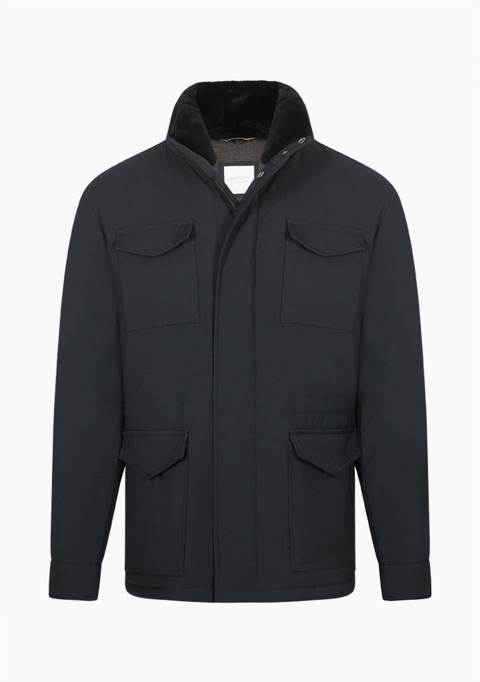 Men's Silvano stretch wool field jacket with beaver fur collar in navy, Addison Geneva #color_blu