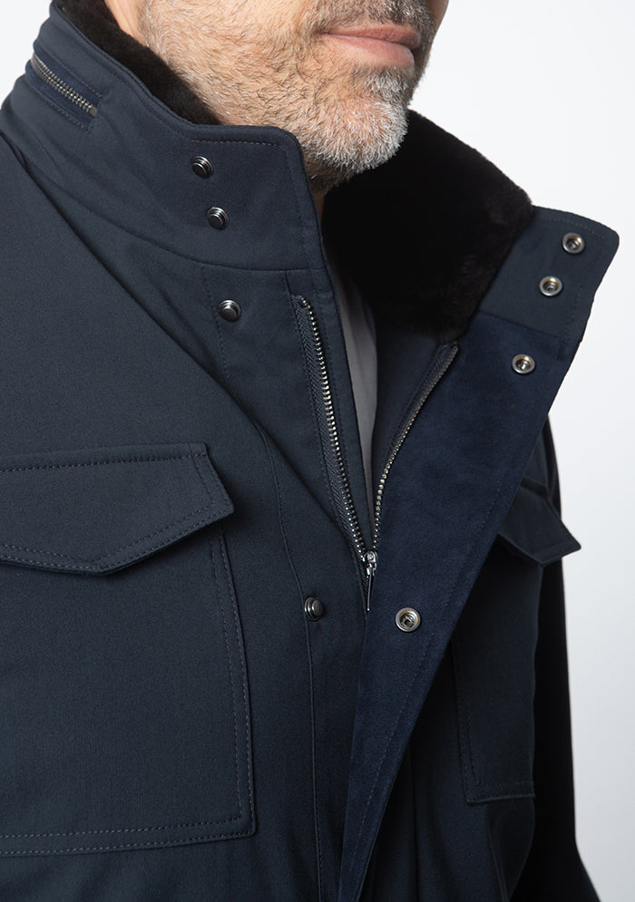 Silvano Stretch Wool Field Jacket with Beaver Fur Collar
