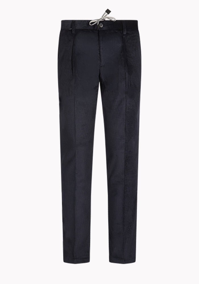 Men's St. Moritz silk and cashmere drawstring trousers in navy, front pleats, Addison Geneva #color_navy