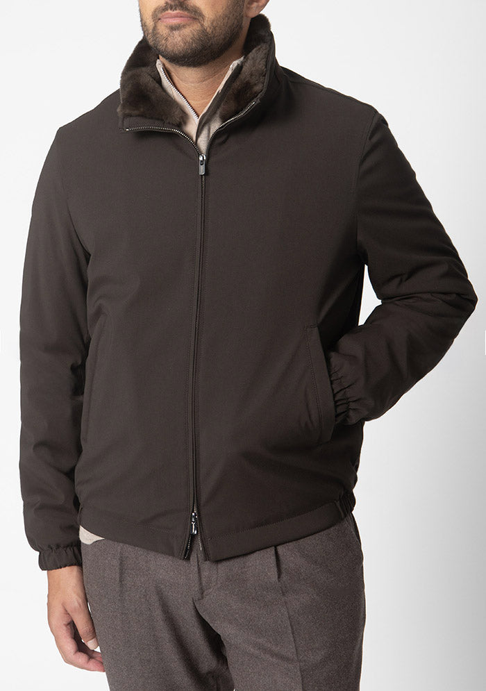 Men's Teo Nylon Bomber in moro dark brown, worn, Loro Piana wool bomber with beaver collar, Addison Geneva #color_moro