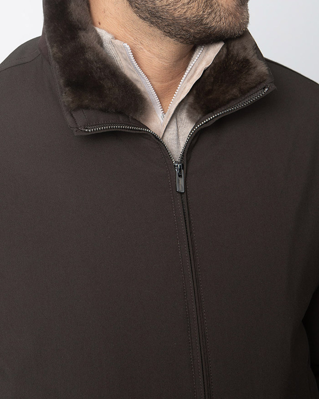 Men's Teo Nylon Bomber in moro dark brown, beaver fur collar and Alcantara under-collar, Addison Geneva #color_moro